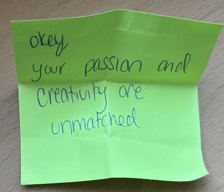 Handwritten note: okey, your passion and creativity are unmatched