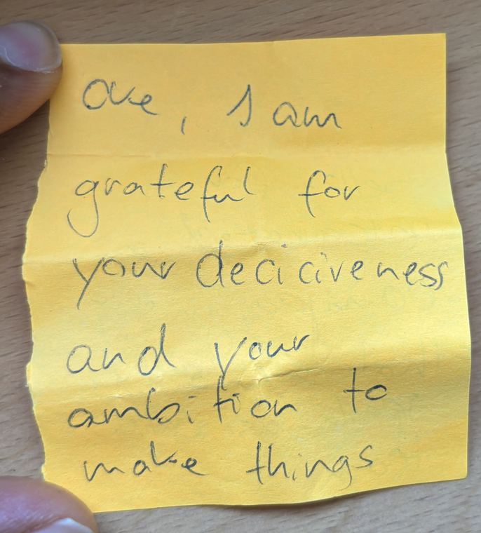 Handwritten note: Oke, I am grateful for your decisiveness and your ambition to make things